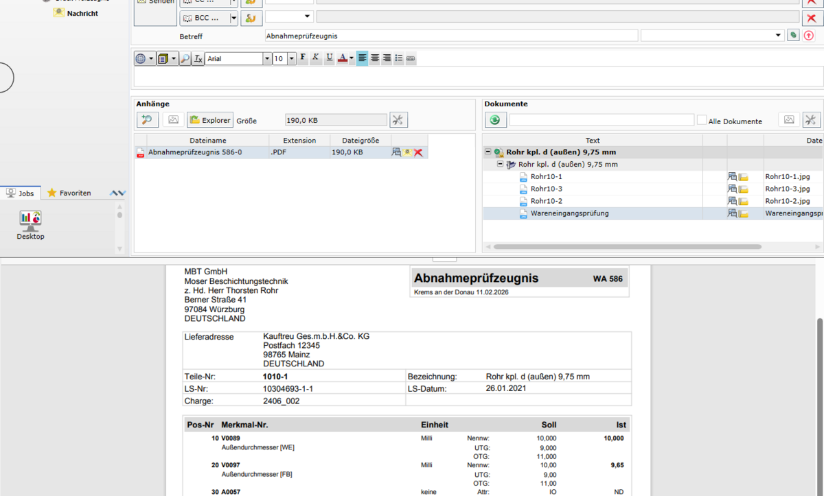 Outgoing goods inspection software Screenshot E-mail