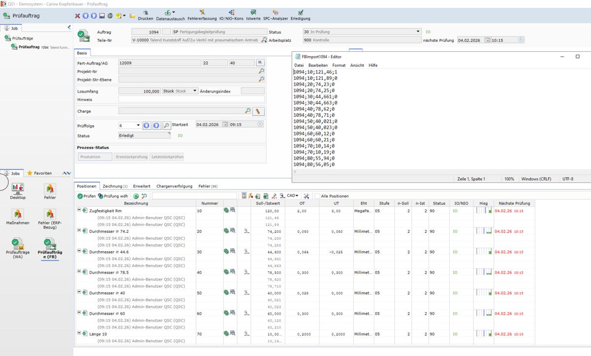 Messmittelintegration Software Screenshot Maschinendaten