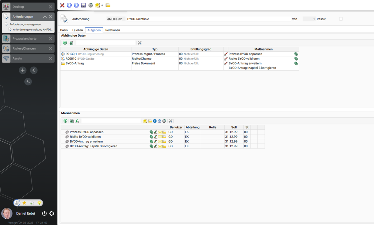 Screenshot von Anforderungsmanagement Software Nachverfolgbarkeit, DMS und SOP, Aufgabenmanagement und Dokumentenmanagement für Traceabilty