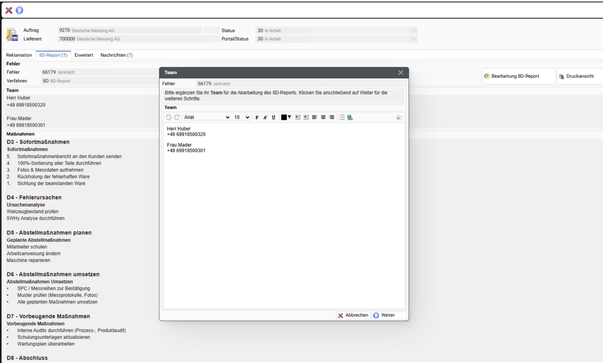 Reklamationsmanagement Software Screenshot Lieferantenportal 8D Prozess