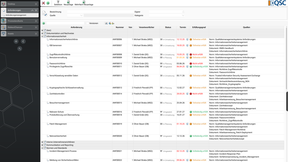 Screenshot von Andorderungsmanagement Software, Erfüllungsgrad, Anforderungsverantwortlichkeit, Aufgabenmanagement für Nachverfolgbarkeit (Traceability) und Quellenverwaltung sowie Normenmanagement