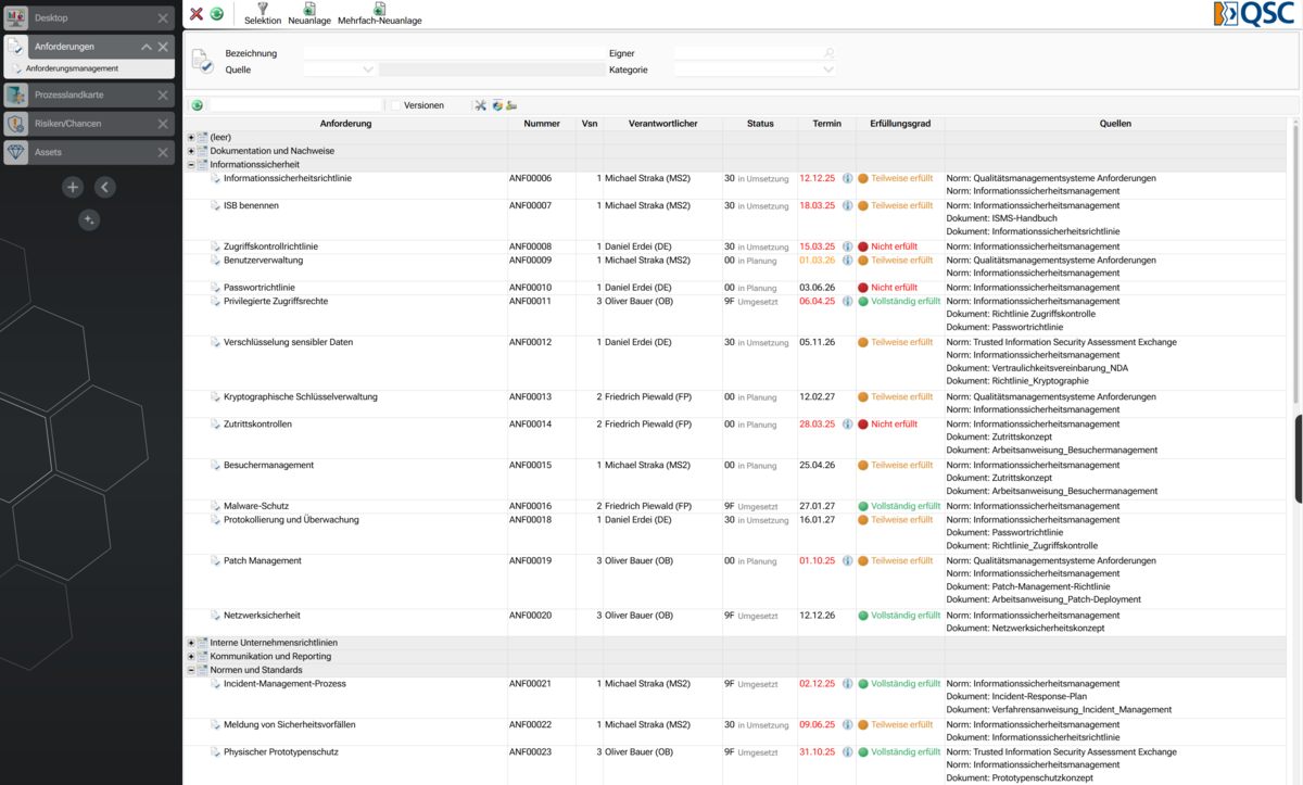 Screenshot of requirements management software, fulfillment status, requirements ownership, task management for traceability, source management, and standards management