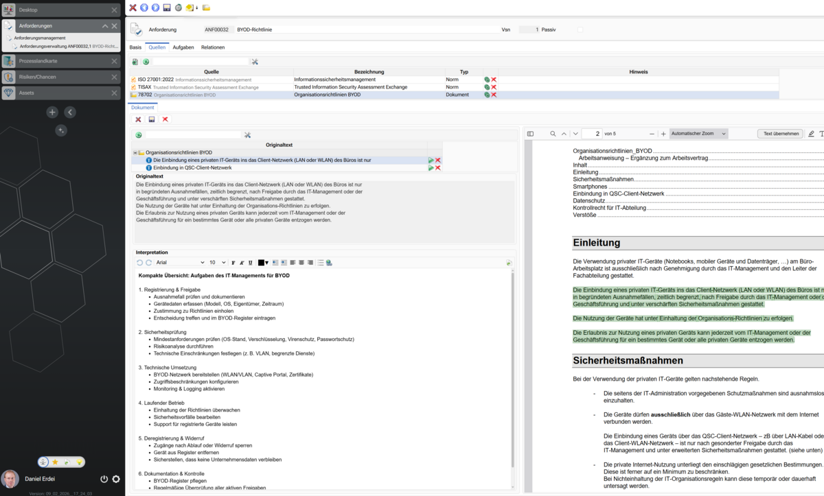 Screenshot Anforderunsmanagement Software Richtlinien Management, Normen, Aufgabenmanagement und Nachverfolgbarkein für integriertes Workflowmanagement